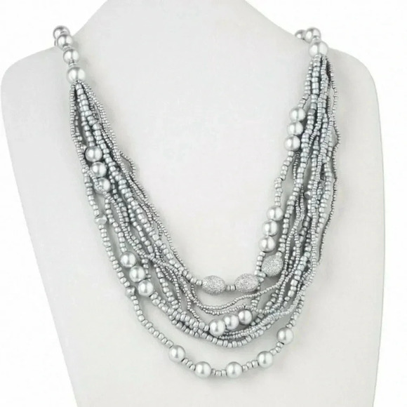 Hand Crafted Multi Strand Silver Metallic Round & Oval Wood Beads Long Necklace - Picture 1 of 3